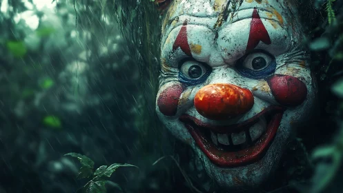 Lurking clown mask peers from rainy, overgrown forest shadows