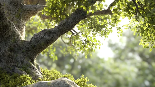 Macro-lit arboreal canopy with detailed bark microtopology.