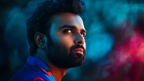 Moody neon gaze under electric twilight skies.