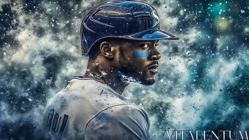 Focused baseball player surrounded by swirling icy energy.