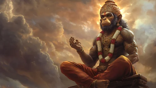 Simian-headed deity sits cross-legged before dense storm clouds