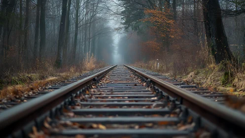 Low-angle railway perspective through misty deciduous forest corridor