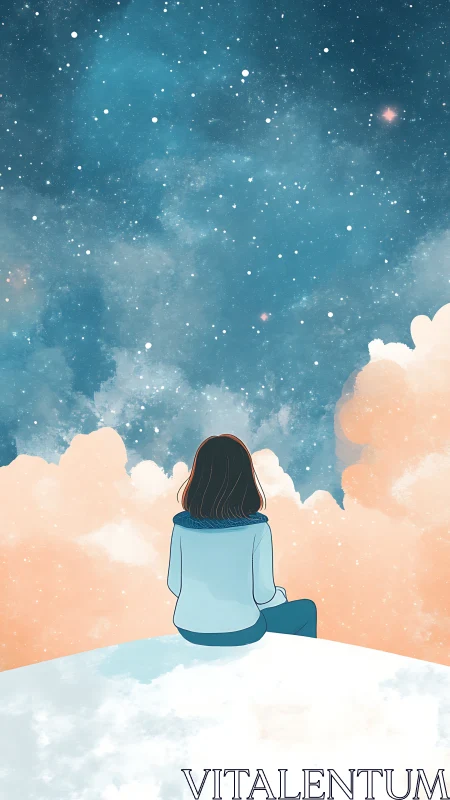 Figure on elevated surface observing cloudy star field panorama.