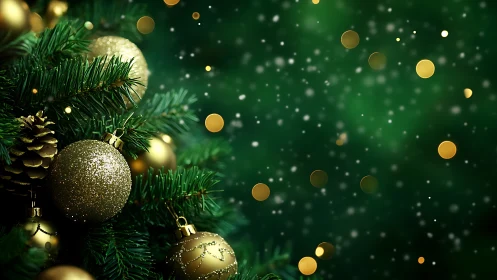 Green fir branches display gold ornaments and blurred lights