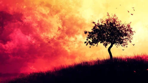 Solitary silhouetted tree against high-saturation sunset gradient sky