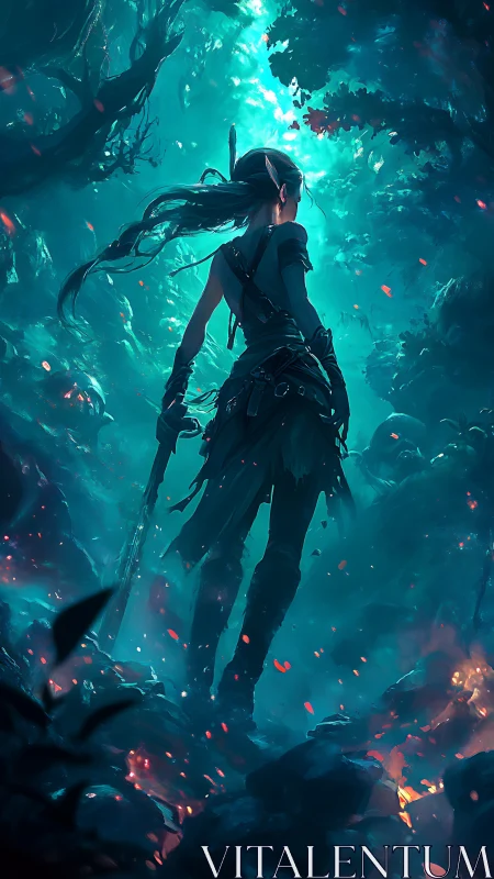 Elf ranger stalks glowing embers in deep teal forest.