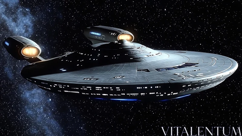 Elegant saucer starship glides through a dense starfield.