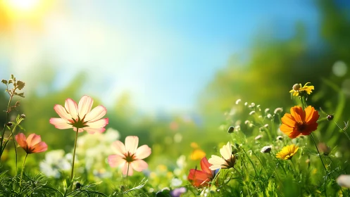 Spring wildflower meadow with pink and golden blooms beneath clear sky.