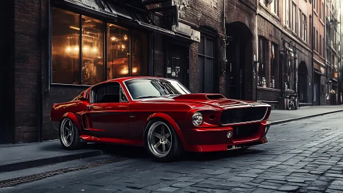 Red classic fastback car parked on cobblestone city street.