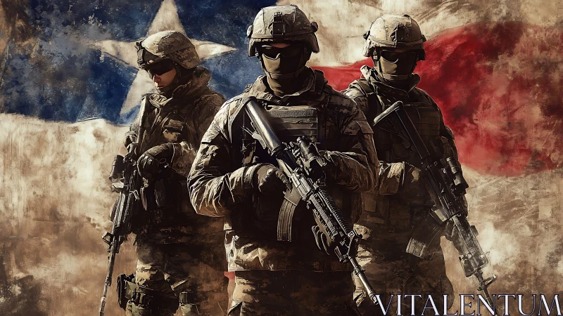 Modern soldiers before weathered flag backdrop in combat gear.