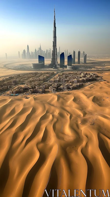 Soaring desert skyscraper rises from sculpted golden dunes