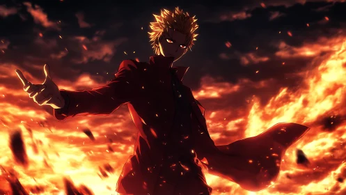 Fire-wreathed anime figure commands inferno under dark sky