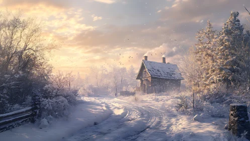 Snow-covered rural cottage beside curved winter roadway.