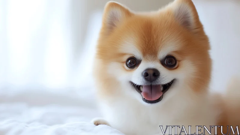 Pomeranian portrait with soft bokeh and high‑key daylight.