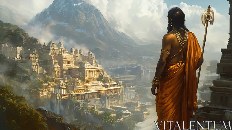 Monk overlooking vast mountain city in misty valley.