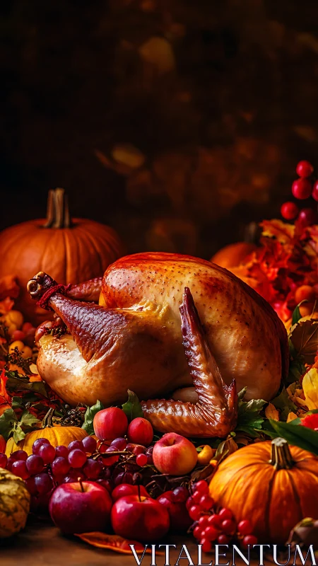Roast turkey sits on autumn table with pumpkins and fruit