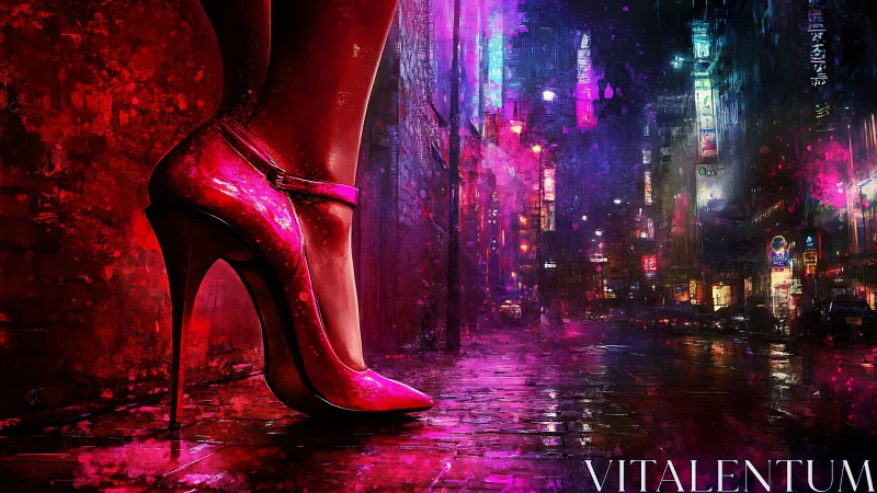 Crimson stilettos ignite a neon drenched cyberpunk street.