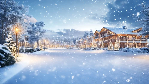 Snowy alpine resort street under soft evening lamplight.