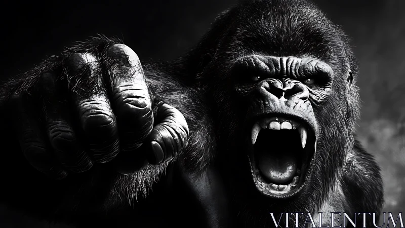 Roaring gorilla lunges forward in dramatic monochrome closeup