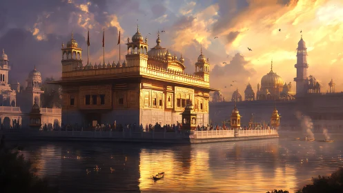 Golden lakeside temple glows under dramatic sunset sky