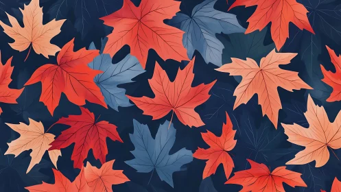 Maple leaves drift across deep blue in bold autumn hues.