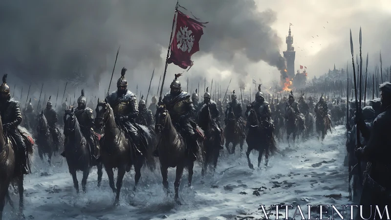 Armored cavalry advances through snow toward burning fortress