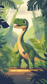 Cheerful jungle dino pauses mid-stroll beneath leafy giants