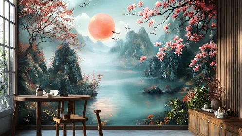 Serene lake mural blends cherry blossoms with glowing moonlight