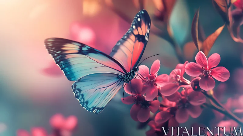 Iridescent butterfly resting on rose-pink blossoms at dusk.