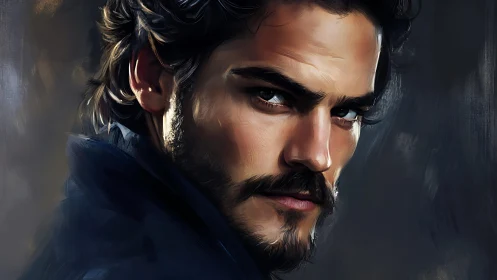 Intense bearded man in dark coat digital portrait artwork.
