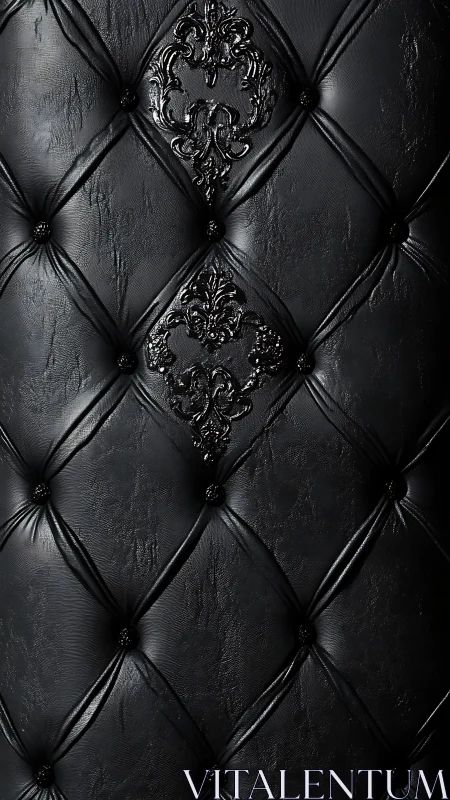 Black tufted leather upholstery with baroque embossed panels.