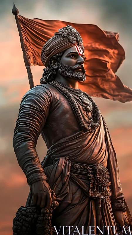 Bronze warrior statue under dramatic sunset sky with detailed drapery