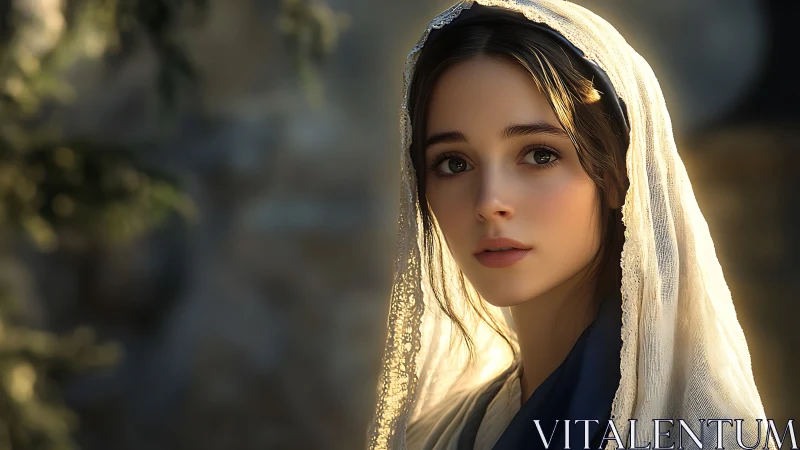 Soft morning light on veiled young woman in reverent calm.