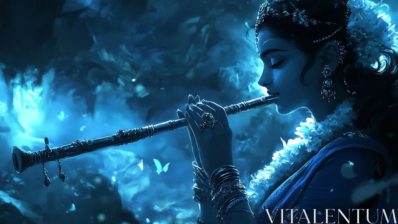 Moonlit flutist coaxes blue fireflies from swirling night