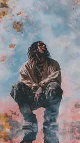 Sky-gazing drifter crowned by dreamy painted clouds.