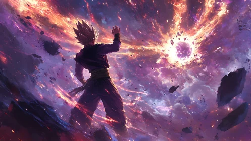 Starlit warrior defies a cosmic firestorm in violet skies.