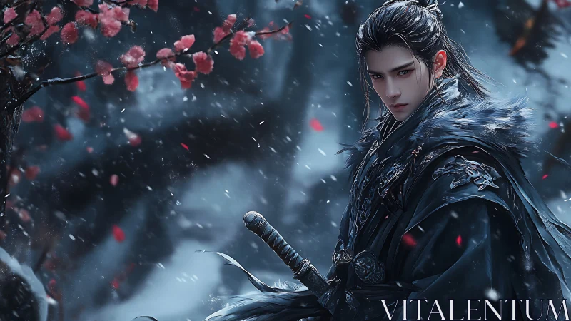 Sword-bearing figure in winter landscape with falling petals.