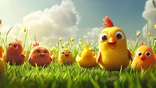 Stylized birds in grass field with clouds and flowers.