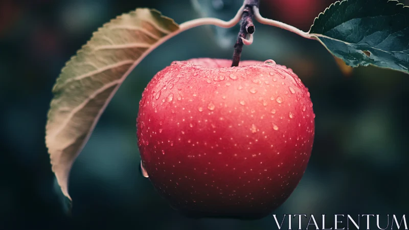 Red orchard apple with dew drops in shallow depth of field.