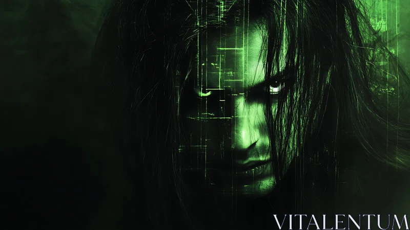 Brooding cyber figure peers through glowing green data veil
