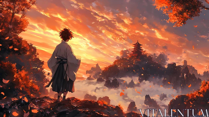 Autumn samurai silhouette surveying misty pagoda skyline.