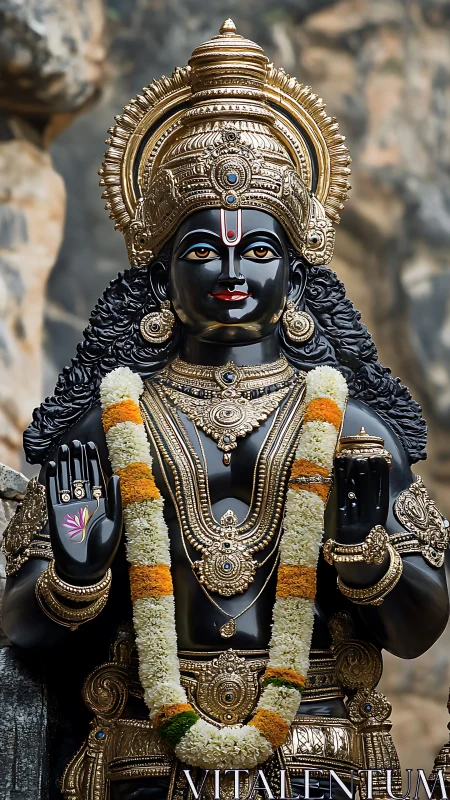 Ornate black stone deity idol with gold crown and garlands.
