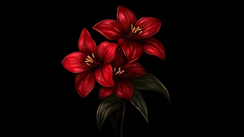 Digital rendered amaryllis flower exhibits deep crimson petals with strategic golden stamen.