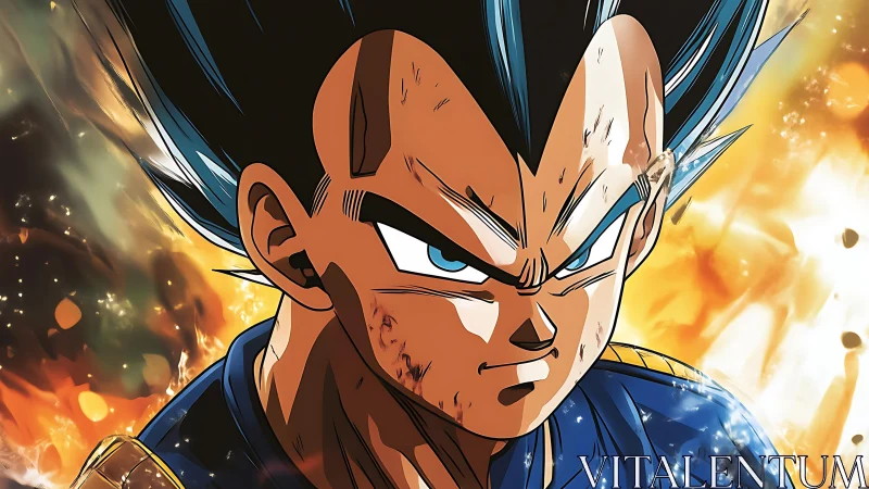 Battle-scarred anime warrior stands defiant in blazing chaos