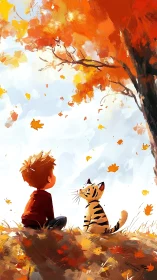 Boy and striped cat under swirling autumn leaves.