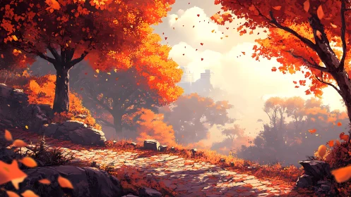 Autumn forest path with orange foliage and distant castle view