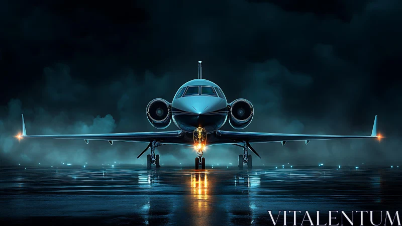Symmetric frontal view of twinjet business aircraft at night