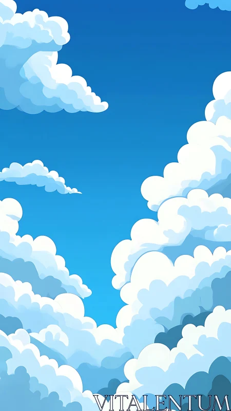 Layered cartoon clouds rise into a clear blue sky