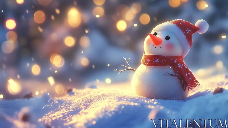 Digital painting snowman with bokeh lights and warm rim glow.