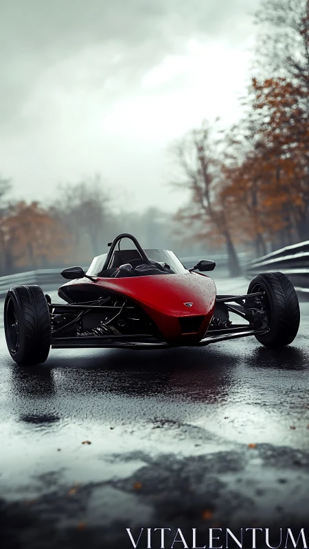 Open-wheel track car sits on wet circuit under overcast sky